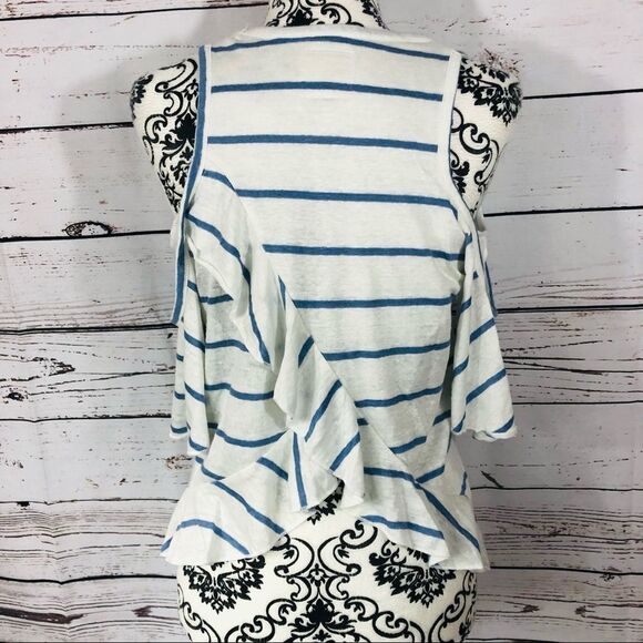 CHASER Striped Linen Cold Shoulder Ruffle Crossover Back Top Shirt White Blue XS - Picture 6 of 10